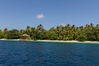Rond het hele eiland staan villa's, maar wel mooi uit het zicht tussen de palmen.