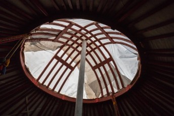 Het sluitstuk van zo'n yurt is het symbool op de vlag van Kirgizië (zie foto 1).